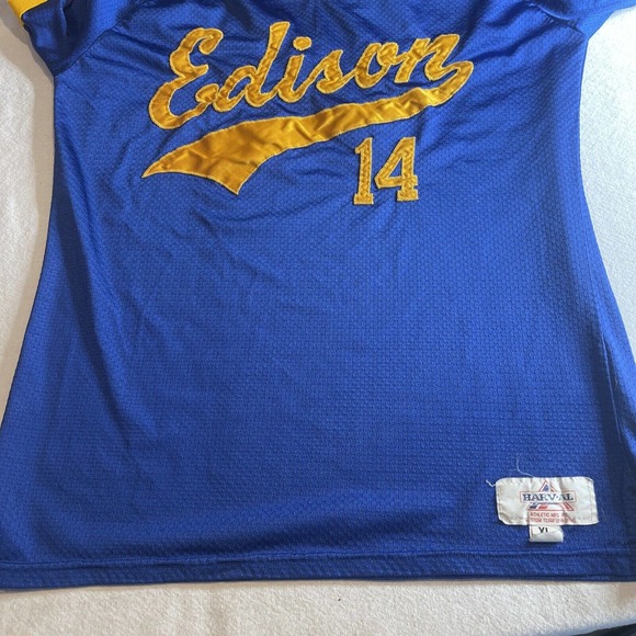 Harv-al tag Edison Baseball jersey size XL extra large Blue Yellow #14 Clean VTG - Picture 12 of 12
